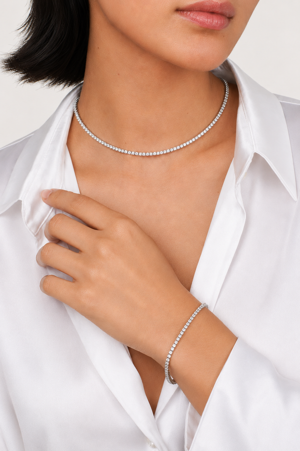 Coffret Abbylina Vrolise - Set collier et gourmette tennis zircons argenté, bijou femme acier inoxydable